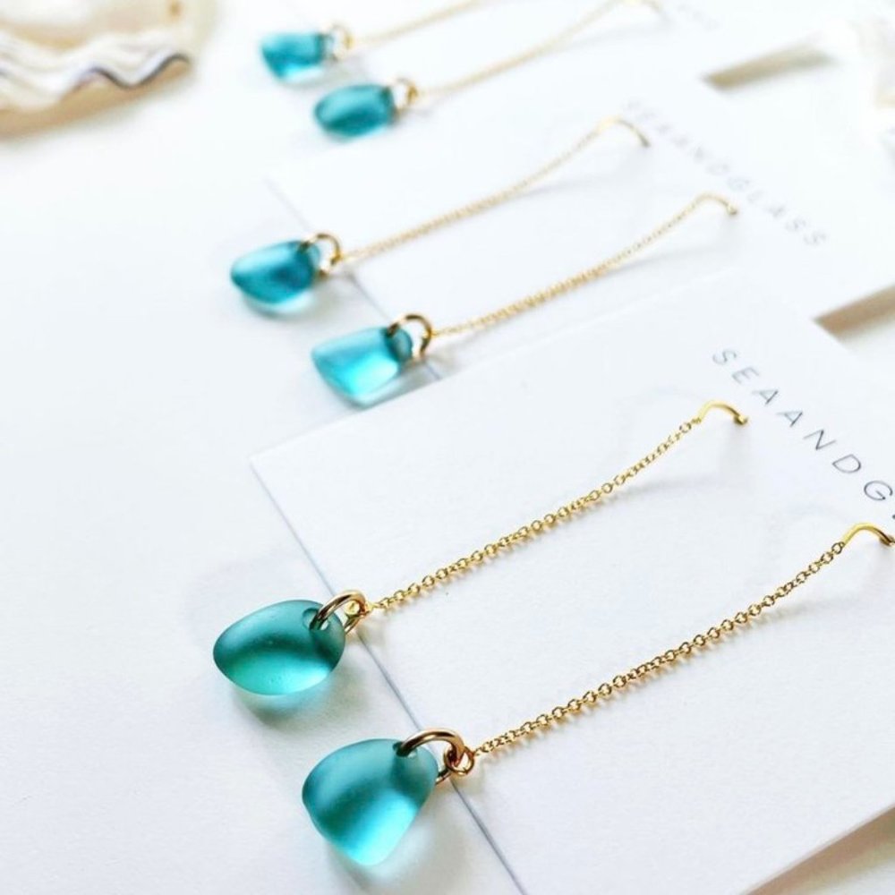 Sea And Glass - Sea Glass Threader Earrings - 14K Gold Fill - Ocean Blues